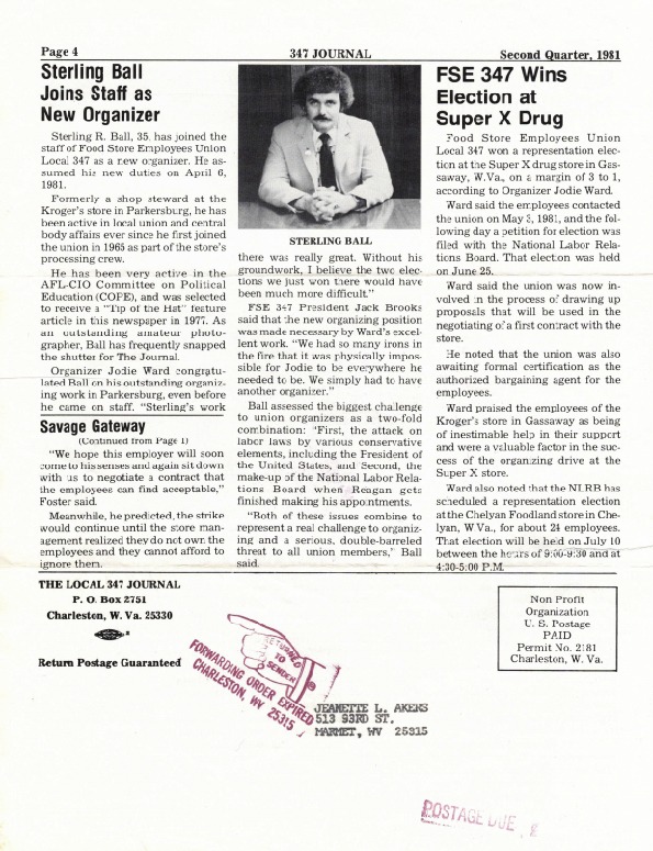 ["Sterling Ball (b. January 9, 1947, Parkersburg, WV) is a retired UFCW Local 347 president, labor organizer, songwriter and poet, a former Kroger worker, and veteran. In this interview he discusses the history of Local 347 (which has since merged with Local 400), his songs and poems, his experience in collective bargaining, labor actions, and strikes across West Virginia and Ohio, the future of the labor movement, and more. Ball is a lifelong resident of Parkersburg, WV.This interview is part of a collection of interviews with UFCW member Kroger workers conducted remotely during the COVID-19 pandemic."]%