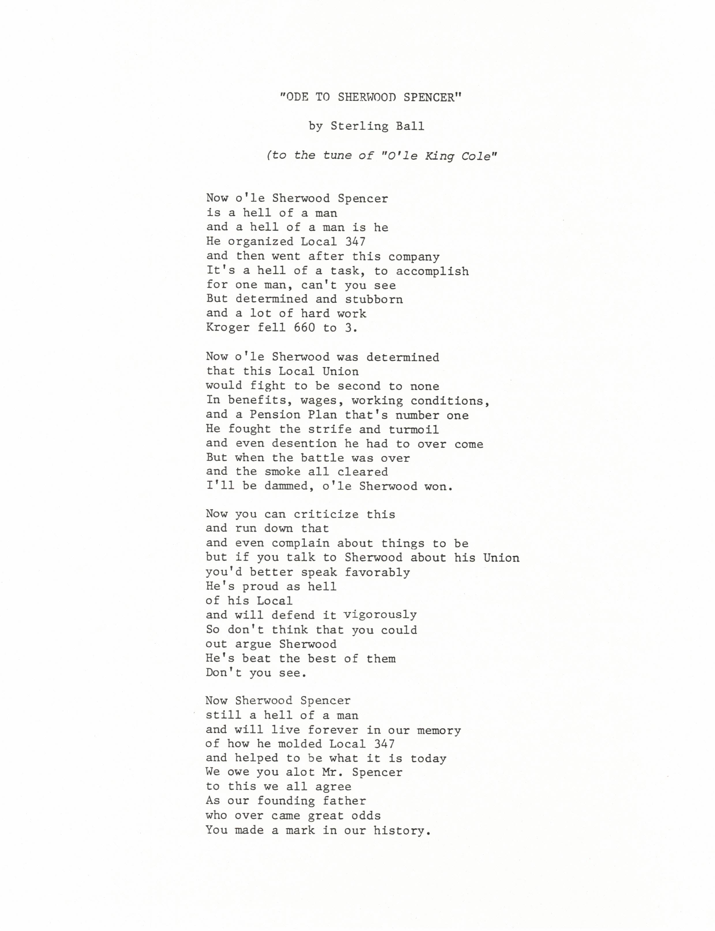 ["Sterling Ball (b. January 9, 1947, Parkersburg, WV) is a retired UFCW Local 347 president, labor organizer, songwriter and poet, a former Kroger worker, and veteran. In this interview he discusses the history of Local 347 (which has since merged with Local 400), his songs and poems, his experience in collective bargaining, labor actions, and strikes across West Virginia and Ohio, the future of the labor movement, and more. Ball is a lifelong resident of Parkersburg, WV.This interview is part of a collection of interviews with UFCW member Kroger workers conducted remotely during the COVID-19 pandemic."]%