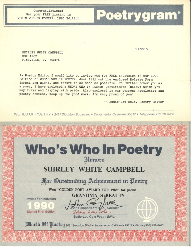 ["Shirley A. Campbell (March 17,1949-January 10, 2021), a native of Pinch, West Virginia and a resident of Charleston, West Virginia, was a lifelong songwriter and poet. Two of her songs were recorded by Grandpa Jones and Ernest Tubb, respectively. Campbell married into the Reed-Campbell family of the bluegrass musician Ola Belle Reed, who was her mentor. Read Campbells obituary:Shirley A. Campbell, 71, of Charleston, WV, passed away suddenly at home, Sunday, January 10, 2021.Born March 17, 1949, in Pinch, WV, she was the daughter of the late Ruby Francis Jarrett and Jack White.She is survived by her two children, daughter Carlie Campbell of Charleston and son Jeremy Campbell of Elkton, MD; and pets.In addition to her parents, she was preceded in death by her beloved dachshunds, Buckwheat and Alfalfa.Shirley studied at Oklahoma University and Marshall University. She was a nurse for 20 years, a dog groomer for 15 years, and a small business owner for approximately 10 years. She was a woman of endless talents, for many of which she received recognition. She was deeply devoted to animal welfare; throughout her life caring for ANY and ALL that she found in need.There will be a symphony of animal calls greeting her at the gates of heaven; and it will be glorious!As per her request, there will be no services. She asks that, in lieu of flowers, please donate to an animal charity in her honor.You may send condolences to the family at: www.barlowbonsall.com.Barlow Bonsall Funeral Home, Charleston, WV, has been entrusted with the arrangements."]%