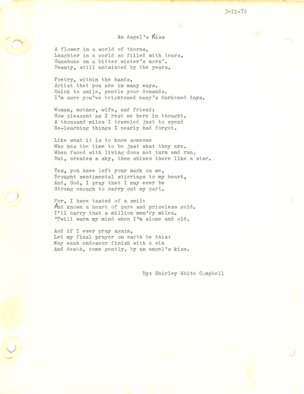 ["Shirley A. Campbell (March 17,1949-January 10, 2021), a native of Pinch, West Virginia and a resident of Charleston, West Virginia, was a lifelong songwriter and poet. Two of her songs were recorded by Grandpa Jones and Ernest Tubb, respectively. Campbell married into the Reed-Campbell family of the bluegrass musician Ola Belle Reed, who was her mentor. Read Campbells obituary:Shirley A. Campbell, 71, of Charleston, WV, passed away suddenly at home, Sunday, January 10, 2021.Born March 17, 1949, in Pinch, WV, she was the daughter of the late Ruby Francis Jarrett and Jack White.She is survived by her two children, daughter Carlie Campbell of Charleston and son Jeremy Campbell of Elkton, MD; and pets.In addition to her parents, she was preceded in death by her beloved dachshunds, Buckwheat and Alfalfa.Shirley studied at Oklahoma University and Marshall University. She was a nurse for 20 years, a dog groomer for 15 years, and a small business owner for approximately 10 years. She was a woman of endless talents, for many of which she received recognition. She was deeply devoted to animal welfare; throughout her life caring for ANY and ALL that she found in need.There will be a symphony of animal calls greeting her at the gates of heaven; and it will be glorious!As per her request, there will be no services. She asks that, in lieu of flowers, please donate to an animal charity in her honor.You may send condolences to the family at: www.barlowbonsall.com.Barlow Bonsall Funeral Home, Charleston, WV, has been entrusted with the arrangements."]%