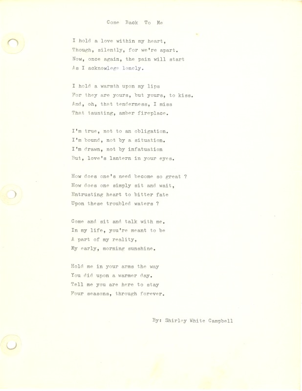 ["Shirley A. Campbell (March 17,1949-January 10, 2021), a native of Pinch, West Virginia and a resident of Charleston, West Virginia, was a lifelong songwriter and poet. Two of her songs were recorded by Grandpa Jones and Ernest Tubb, respectively. Campbell married into the Reed-Campbell family of the bluegrass musician Ola Belle Reed, who was her mentor. Read Campbells obituary:Shirley A. Campbell, 71, of Charleston, WV, passed away suddenly at home, Sunday, January 10, 2021.Born March 17, 1949, in Pinch, WV, she was the daughter of the late Ruby Francis Jarrett and Jack White.She is survived by her two children, daughter Carlie Campbell of Charleston and son Jeremy Campbell of Elkton, MD; and pets.In addition to her parents, she was preceded in death by her beloved dachshunds, Buckwheat and Alfalfa.Shirley studied at Oklahoma University and Marshall University. She was a nurse for 20 years, a dog groomer for 15 years, and a small business owner for approximately 10 years. She was a woman of endless talents, for many of which she received recognition. She was deeply devoted to animal welfare; throughout her life caring for ANY and ALL that she found in need.There will be a symphony of animal calls greeting her at the gates of heaven; and it will be glorious!As per her request, there will be no services. She asks that, in lieu of flowers, please donate to an animal charity in her honor.You may send condolences to the family at: www.barlowbonsall.com.Barlow Bonsall Funeral Home, Charleston, WV, has been entrusted with the arrangements."]%