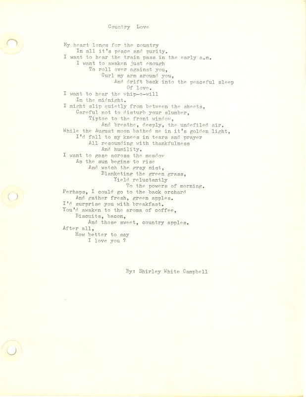 ["Shirley A. Campbell (March 17,1949-January 10, 2021), a native of Pinch, West Virginia and a resident of Charleston, West Virginia, was a lifelong songwriter and poet. Two of her songs were recorded by Grandpa Jones and Ernest Tubb, respectively. Campbell married into the Reed-Campbell family of the bluegrass musician Ola Belle Reed, who was her mentor. Read Campbells obituary:Shirley A. Campbell, 71, of Charleston, WV, passed away suddenly at home, Sunday, January 10, 2021.Born March 17, 1949, in Pinch, WV, she was the daughter of the late Ruby Francis Jarrett and Jack White.She is survived by her two children, daughter Carlie Campbell of Charleston and son Jeremy Campbell of Elkton, MD; and pets.In addition to her parents, she was preceded in death by her beloved dachshunds, Buckwheat and Alfalfa.Shirley studied at Oklahoma University and Marshall University. She was a nurse for 20 years, a dog groomer for 15 years, and a small business owner for approximately 10 years. She was a woman of endless talents, for many of which she received recognition. She was deeply devoted to animal welfare; throughout her life caring for ANY and ALL that she found in need.There will be a symphony of animal calls greeting her at the gates of heaven; and it will be glorious!As per her request, there will be no services. She asks that, in lieu of flowers, please donate to an animal charity in her honor.You may send condolences to the family at: www.barlowbonsall.com.Barlow Bonsall Funeral Home, Charleston, WV, has been entrusted with the arrangements."]%