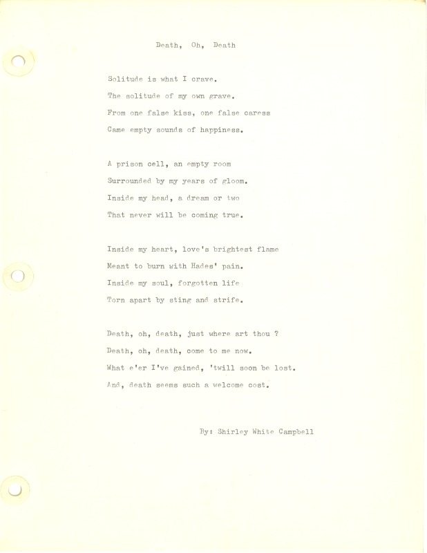 ["Shirley A. Campbell (March 17,1949-January 10, 2021), a native of Pinch, West Virginia and a resident of Charleston, West Virginia, was a lifelong songwriter and poet. Two of her songs were recorded by Grandpa Jones and Ernest Tubb, respectively. Campbell married into the Reed-Campbell family of the bluegrass musician Ola Belle Reed, who was her mentor. Read Campbells obituary:Shirley A. Campbell, 71, of Charleston, WV, passed away suddenly at home, Sunday, January 10, 2021.Born March 17, 1949, in Pinch, WV, she was the daughter of the late Ruby Francis Jarrett and Jack White.She is survived by her two children, daughter Carlie Campbell of Charleston and son Jeremy Campbell of Elkton, MD; and pets.In addition to her parents, she was preceded in death by her beloved dachshunds, Buckwheat and Alfalfa.Shirley studied at Oklahoma University and Marshall University. She was a nurse for 20 years, a dog groomer for 15 years, and a small business owner for approximately 10 years. She was a woman of endless talents, for many of which she received recognition. She was deeply devoted to animal welfare; throughout her life caring for ANY and ALL that she found in need.There will be a symphony of animal calls greeting her at the gates of heaven; and it will be glorious!As per her request, there will be no services. She asks that, in lieu of flowers, please donate to an animal charity in her honor.You may send condolences to the family at: www.barlowbonsall.com.Barlow Bonsall Funeral Home, Charleston, WV, has been entrusted with the arrangements."]%