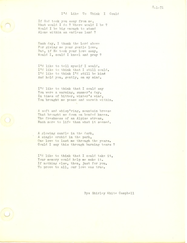 ["Shirley A. Campbell (March 17,1949-January 10, 2021), a native of Pinch, West Virginia and a resident of Charleston, West Virginia, was a lifelong songwriter and poet. Two of her songs were recorded by Grandpa Jones and Ernest Tubb, respectively. Campbell married into the Reed-Campbell family of the bluegrass musician Ola Belle Reed, who was her mentor. Read Campbells obituary:Shirley A. Campbell, 71, of Charleston, WV, passed away suddenly at home, Sunday, January 10, 2021.Born March 17, 1949, in Pinch, WV, she was the daughter of the late Ruby Francis Jarrett and Jack White.She is survived by her two children, daughter Carlie Campbell of Charleston and son Jeremy Campbell of Elkton, MD; and pets.In addition to her parents, she was preceded in death by her beloved dachshunds, Buckwheat and Alfalfa.Shirley studied at Oklahoma University and Marshall University. She was a nurse for 20 years, a dog groomer for 15 years, and a small business owner for approximately 10 years. She was a woman of endless talents, for many of which she received recognition. She was deeply devoted to animal welfare; throughout her life caring for ANY and ALL that she found in need.There will be a symphony of animal calls greeting her at the gates of heaven; and it will be glorious!As per her request, there will be no services. She asks that, in lieu of flowers, please donate to an animal charity in her honor.You may send condolences to the family at: www.barlowbonsall.com.Barlow Bonsall Funeral Home, Charleston, WV, has been entrusted with the arrangements."]%