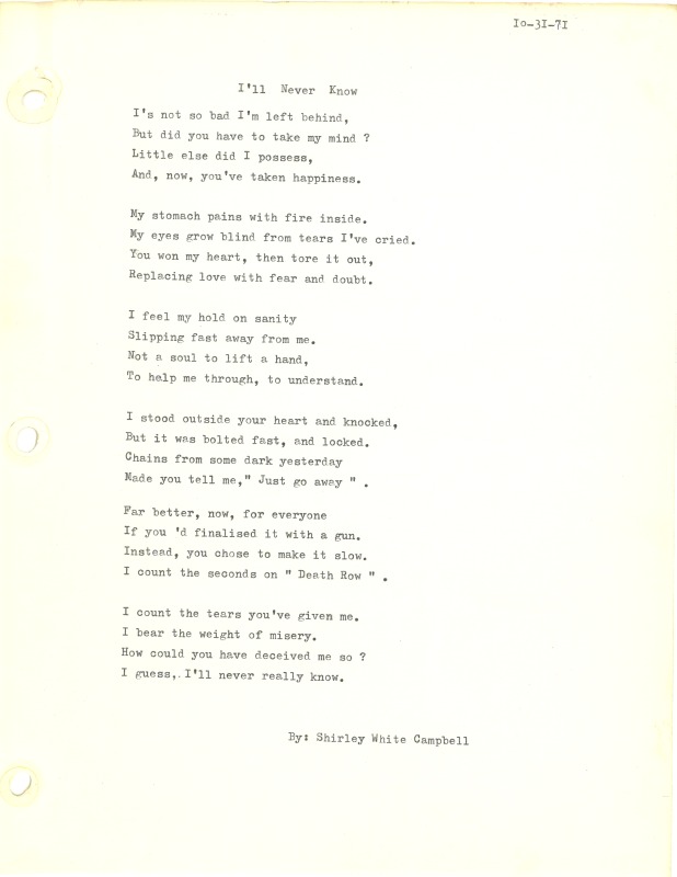 ["Shirley A. Campbell (March 17,1949-January 10, 2021), a native of Pinch, West Virginia and a resident of Charleston, West Virginia, was a lifelong songwriter and poet. Two of her songs were recorded by Grandpa Jones and Ernest Tubb, respectively. Campbell married into the Reed-Campbell family of the bluegrass musician Ola Belle Reed, who was her mentor. Read Campbells obituary:Shirley A. Campbell, 71, of Charleston, WV, passed away suddenly at home, Sunday, January 10, 2021.Born March 17, 1949, in Pinch, WV, she was the daughter of the late Ruby Francis Jarrett and Jack White.She is survived by her two children, daughter Carlie Campbell of Charleston and son Jeremy Campbell of Elkton, MD; and pets.In addition to her parents, she was preceded in death by her beloved dachshunds, Buckwheat and Alfalfa.Shirley studied at Oklahoma University and Marshall University. She was a nurse for 20 years, a dog groomer for 15 years, and a small business owner for approximately 10 years. She was a woman of endless talents, for many of which she received recognition. She was deeply devoted to animal welfare; throughout her life caring for ANY and ALL that she found in need.There will be a symphony of animal calls greeting her at the gates of heaven; and it will be glorious!As per her request, there will be no services. She asks that, in lieu of flowers, please donate to an animal charity in her honor.You may send condolences to the family at: www.barlowbonsall.com.Barlow Bonsall Funeral Home, Charleston, WV, has been entrusted with the arrangements."]%