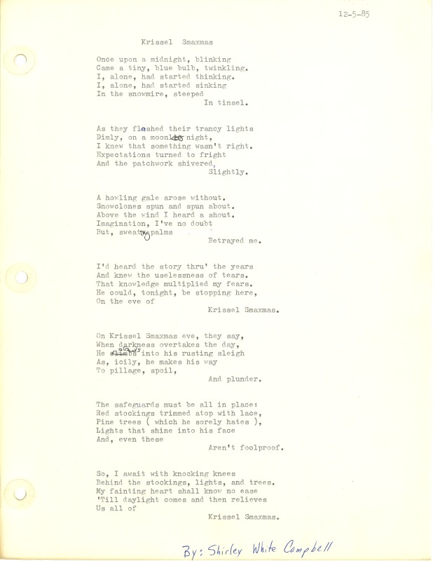 ["Shirley A. Campbell (March 17,1949-January 10, 2021), a native of Pinch, West Virginia and a resident of Charleston, West Virginia, was a lifelong songwriter and poet. Two of her songs were recorded by Grandpa Jones and Ernest Tubb, respectively. Campbell married into the Reed-Campbell family of the bluegrass musician Ola Belle Reed, who was her mentor. Read Campbells obituary:Shirley A. Campbell, 71, of Charleston, WV, passed away suddenly at home, Sunday, January 10, 2021.Born March 17, 1949, in Pinch, WV, she was the daughter of the late Ruby Francis Jarrett and Jack White.She is survived by her two children, daughter Carlie Campbell of Charleston and son Jeremy Campbell of Elkton, MD; and pets.In addition to her parents, she was preceded in death by her beloved dachshunds, Buckwheat and Alfalfa.Shirley studied at Oklahoma University and Marshall University. She was a nurse for 20 years, a dog groomer for 15 years, and a small business owner for approximately 10 years. She was a woman of endless talents, for many of which she received recognition. She was deeply devoted to animal welfare; throughout her life caring for ANY and ALL that she found in need.There will be a symphony of animal calls greeting her at the gates of heaven; and it will be glorious!As per her request, there will be no services. She asks that, in lieu of flowers, please donate to an animal charity in her honor.You may send condolences to the family at: www.barlowbonsall.com.Barlow Bonsall Funeral Home, Charleston, WV, has been entrusted with the arrangements."]%