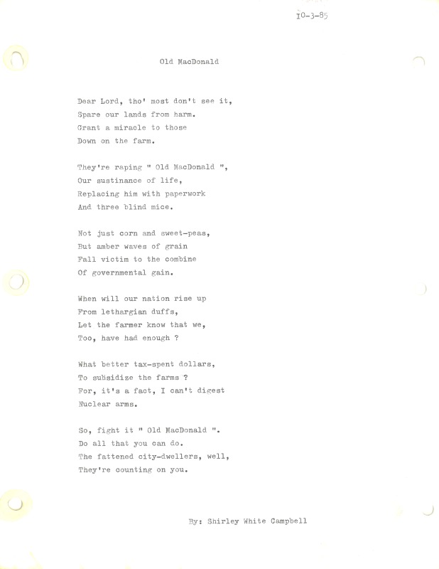 ["Shirley A. Campbell (March 17,1949-January 10, 2021), a native of Pinch, West Virginia and a resident of Charleston, West Virginia, was a lifelong songwriter and poet. Two of her songs were recorded by Grandpa Jones and Ernest Tubb, respectively. Campbell married into the Reed-Campbell family of the bluegrass musician Ola Belle Reed, who was her mentor. Read Campbells obituary:Shirley A. Campbell, 71, of Charleston, WV, passed away suddenly at home, Sunday, January 10, 2021.Born March 17, 1949, in Pinch, WV, she was the daughter of the late Ruby Francis Jarrett and Jack White.She is survived by her two children, daughter Carlie Campbell of Charleston and son Jeremy Campbell of Elkton, MD; and pets.In addition to her parents, she was preceded in death by her beloved dachshunds, Buckwheat and Alfalfa.Shirley studied at Oklahoma University and Marshall University. She was a nurse for 20 years, a dog groomer for 15 years, and a small business owner for approximately 10 years. She was a woman of endless talents, for many of which she received recognition. She was deeply devoted to animal welfare; throughout her life caring for ANY and ALL that she found in need.There will be a symphony of animal calls greeting her at the gates of heaven; and it will be glorious!As per her request, there will be no services. She asks that, in lieu of flowers, please donate to an animal charity in her honor.You may send condolences to the family at: www.barlowbonsall.com.Barlow Bonsall Funeral Home, Charleston, WV, has been entrusted with the arrangements."]%