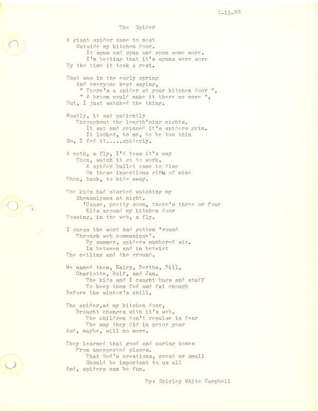 ["Shirley A. Campbell (March 17,1949-January 10, 2021), a native of Pinch, West Virginia and a resident of Charleston, West Virginia, was a lifelong songwriter and poet. Two of her songs were recorded by Grandpa Jones and Ernest Tubb, respectively. Campbell married into the Reed-Campbell family of the bluegrass musician Ola Belle Reed, who was her mentor. Read Campbells obituary:Shirley A. Campbell, 71, of Charleston, WV, passed away suddenly at home, Sunday, January 10, 2021.Born March 17, 1949, in Pinch, WV, she was the daughter of the late Ruby Francis Jarrett and Jack White.She is survived by her two children, daughter Carlie Campbell of Charleston and son Jeremy Campbell of Elkton, MD; and pets.In addition to her parents, she was preceded in death by her beloved dachshunds, Buckwheat and Alfalfa.Shirley studied at Oklahoma University and Marshall University. She was a nurse for 20 years, a dog groomer for 15 years, and a small business owner for approximately 10 years. She was a woman of endless talents, for many of which she received recognition. She was deeply devoted to animal welfare; throughout her life caring for ANY and ALL that she found in need.There will be a symphony of animal calls greeting her at the gates of heaven; and it will be glorious!As per her request, there will be no services. She asks that, in lieu of flowers, please donate to an animal charity in her honor.You may send condolences to the family at: www.barlowbonsall.com.Barlow Bonsall Funeral Home, Charleston, WV, has been entrusted with the arrangements."]%