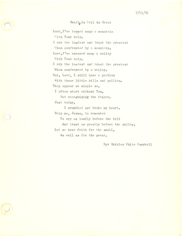 ["Shirley A. Campbell (March 17,1949-January 10, 2021), a native of Pinch, West Virginia and a resident of Charleston, West Virginia, was a lifelong songwriter and poet. Two of her songs were recorded by Grandpa Jones and Ernest Tubb, respectively. Campbell married into the Reed-Campbell family of the bluegrass musician Ola Belle Reed, who was her mentor. Read Campbells obituary:Shirley A. Campbell, 71, of Charleston, WV, passed away suddenly at home, Sunday, January 10, 2021.Born March 17, 1949, in Pinch, WV, she was the daughter of the late Ruby Francis Jarrett and Jack White.She is survived by her two children, daughter Carlie Campbell of Charleston and son Jeremy Campbell of Elkton, MD; and pets.In addition to her parents, she was preceded in death by her beloved dachshunds, Buckwheat and Alfalfa.Shirley studied at Oklahoma University and Marshall University. She was a nurse for 20 years, a dog groomer for 15 years, and a small business owner for approximately 10 years. She was a woman of endless talents, for many of which she received recognition. She was deeply devoted to animal welfare; throughout her life caring for ANY and ALL that she found in need.There will be a symphony of animal calls greeting her at the gates of heaven; and it will be glorious!"]%