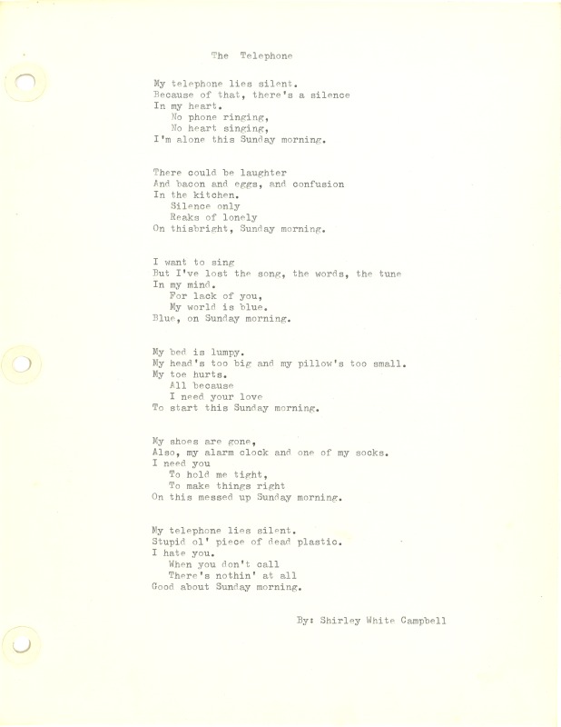 ["Shirley A. Campbell (March 17,1949-January 10, 2021), a native of Pinch, West Virginia and a resident of Charleston, West Virginia, was a lifelong songwriter and poet. Two of her songs were recorded by Grandpa Jones and Ernest Tubb, respectively. Campbell married into the Reed-Campbell family of the bluegrass musician Ola Belle Reed, who was her mentor. Read Campbells obituary:Shirley A. Campbell, 71, of Charleston, WV, passed away suddenly at home, Sunday, January 10, 2021.Born March 17, 1949, in Pinch, WV, she was the daughter of the late Ruby Francis Jarrett and Jack White.She is survived by her two children, daughter Carlie Campbell of Charleston and son Jeremy Campbell of Elkton, MD; and pets.In addition to her parents, she was preceded in death by her beloved dachshunds, Buckwheat and Alfalfa.Shirley studied at Oklahoma University and Marshall University. She was a nurse for 20 years, a dog groomer for 15 years, and a small business owner for approximately 10 years. She was a woman of endless talents, for many of which she received recognition. She was deeply devoted to animal welfare; throughout her life caring for ANY and ALL that she found in need.There will be a symphony of animal calls greeting her at the gates of heaven; and it will be glorious!As per her request, there will be no services. She asks that, in lieu of flowers, please donate to an animal charity in her honor.You may send condolences to the family at: www.barlowbonsall.com.Barlow Bonsall Funeral Home, Charleston, WV, has been entrusted with the arrangements."]%