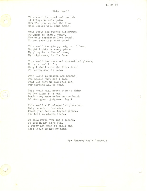 ["Shirley A. Campbell (March 17,1949-January 10, 2021), a native of Pinch, West Virginia and a resident of Charleston, West Virginia, was a lifelong songwriter and poet. Two of her songs were recorded by Grandpa Jones and Ernest Tubb, respectively. Campbell married into the Reed-Campbell family of the bluegrass musician Ola Belle Reed, who was her mentor. Read Campbells obituary:Shirley A. Campbell, 71, of Charleston, WV, passed away suddenly at home, Sunday, January 10, 2021.Born March 17, 1949, in Pinch, WV, she was the daughter of the late Ruby Francis Jarrett and Jack White.She is survived by her two children, daughter Carlie Campbell of Charleston and son Jeremy Campbell of Elkton, MD; and pets.In addition to her parents, she was preceded in death by her beloved dachshunds, Buckwheat and Alfalfa.Shirley studied at Oklahoma University and Marshall University. She was a nurse for 20 years, a dog groomer for 15 years, and a small business owner for approximately 10 years. She was a woman of endless talents, for many of which she received recognition. She was deeply devoted to animal welfare; throughout her life caring for ANY and ALL that she found in need.There will be a symphony of animal calls greeting her at the gates of heaven; and it will be glorious!As per her request, there will be no services. She asks that, in lieu of flowers, please donate to an animal charity in her honor.You may send condolences to the family at: www.barlowbonsall.com.Barlow Bonsall Funeral Home, Charleston, WV, has been entrusted with the arrangements."]%