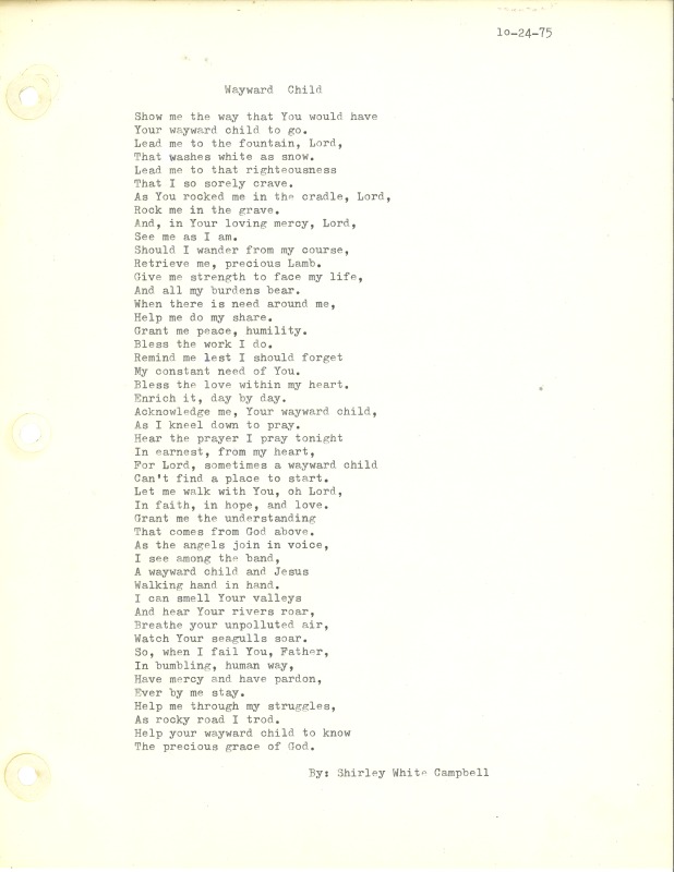 ["Shirley A. Campbell (March 17,1949-January 10, 2021), a native of Pinch, West Virginia and a resident of Charleston, West Virginia, was a lifelong songwriter and poet. Two of her songs were recorded by Grandpa Jones and Ernest Tubb, respectively. Campbell married into the Reed-Campbell family of the bluegrass musician Ola Belle Reed, who was her mentor. Read Campbells obituary:Shirley A. Campbell, 71, of Charleston, WV, passed away suddenly at home, Sunday, January 10, 2021.Born March 17, 1949, in Pinch, WV, she was the daughter of the late Ruby Francis Jarrett and Jack White.She is survived by her two children, daughter Carlie Campbell of Charleston and son Jeremy Campbell of Elkton, MD; and pets.In addition to her parents, she was preceded in death by her beloved dachshunds, Buckwheat and Alfalfa.Shirley studied at Oklahoma University and Marshall University. She was a nurse for 20 years, a dog groomer for 15 years, and a small business owner for approximately 10 years. She was a woman of endless talents, for many of which she received recognition. She was deeply devoted to animal welfare; throughout her life caring for ANY and ALL that she found in need.There will be a symphony of animal calls greeting her at the gates of heaven; and it will be glorious!As per her request, there will be no services. She asks that, in lieu of flowers, please donate to an animal charity in her honor.You may send condolences to the family at: www.barlowbonsall.com.Barlow Bonsall Funeral Home, Charleston, WV, has been entrusted with the arrangements."]%