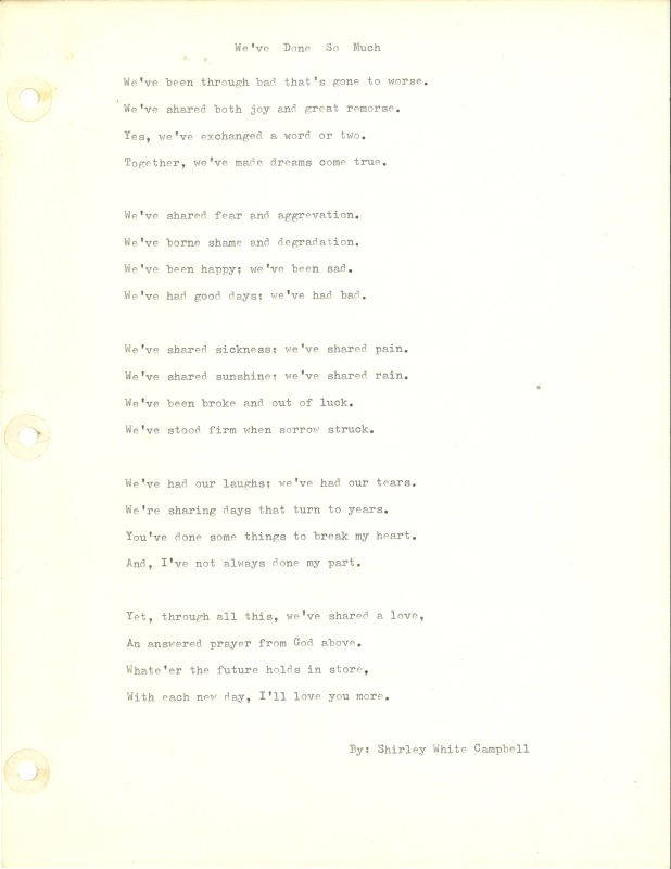 ["Shirley A. Campbell (March 17,1949-January 10, 2021), a native of Pinch, West Virginia and a resident of Charleston, West Virginia, was a lifelong songwriter and poet. Two of her songs were recorded by Grandpa Jones and Ernest Tubb, respectively. Campbell married into the Reed-Campbell family of the bluegrass musician Ola Belle Reed, who was her mentor. Read Campbells obituary:Shirley A. Campbell, 71, of Charleston, WV, passed away suddenly at home, Sunday, January 10, 2021.Born March 17, 1949, in Pinch, WV, she was the daughter of the late Ruby Francis Jarrett and Jack White.She is survived by her two children, daughter Carlie Campbell of Charleston and son Jeremy Campbell of Elkton, MD; and pets.In addition to her parents, she was preceded in death by her beloved dachshunds, Buckwheat and Alfalfa.Shirley studied at Oklahoma University and Marshall University. She was a nurse for 20 years, a dog groomer for 15 years, and a small business owner for approximately 10 years. She was a woman of endless talents, for many of which she received recognition. She was deeply devoted to animal welfare; throughout her life caring for ANY and ALL that she found in need.There will be a symphony of animal calls greeting her at the gates of heaven; and it will be glorious!As per her request, there will be no services. She asks that, in lieu of flowers, please donate to an animal charity in her honor.You may send condolences to the family at: www.barlowbonsall.com.Barlow Bonsall Funeral Home, Charleston, WV, has been entrusted with the arrangements."]%