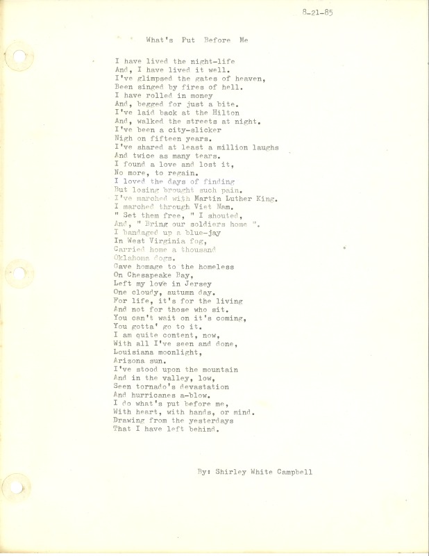 ["Shirley A. Campbell (March 17,1949-January 10, 2021), a native of Pinch, West Virginia and a resident of Charleston, West Virginia, was a lifelong songwriter and poet. Two of her songs were recorded by Grandpa Jones and Ernest Tubb, respectively. Campbell married into the Reed-Campbell family of the bluegrass musician Ola Belle Reed, who was her mentor. Read Campbells obituary:Shirley A. Campbell, 71, of Charleston, WV, passed away suddenly at home, Sunday, January 10, 2021.Born March 17, 1949, in Pinch, WV, she was the daughter of the late Ruby Francis Jarrett and Jack White.She is survived by her two children, daughter Carlie Campbell of Charleston and son Jeremy Campbell of Elkton, MD; and pets.In addition to her parents, she was preceded in death by her beloved dachshunds, Buckwheat and Alfalfa.Shirley studied at Oklahoma University and Marshall University. She was a nurse for 20 years, a dog groomer for 15 years, and a small business owner for approximately 10 years. She was a woman of endless talents, for many of which she received recognition. She was deeply devoted to animal welfare; throughout her life caring for ANY and ALL that she found in need.There will be a symphony of animal calls greeting her at the gates of heaven; and it will be glorious!As per her request, there will be no services. She asks that, in lieu of flowers, please donate to an animal charity in her honor.You may send condolences to the family at: www.barlowbonsall.com.Barlow Bonsall Funeral Home, Charleston, WV, has been entrusted with the arrangements."]%