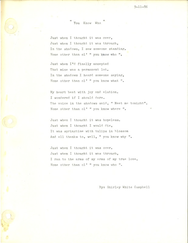 ["Shirley A. Campbell (March 17,1949-January 10, 2021), a native of Pinch, West Virginia and a resident of Charleston, West Virginia, was a lifelong songwriter and poet. Two of her songs were recorded by Grandpa Jones and Ernest Tubb, respectively. Campbell married into the Reed-Campbell family of the bluegrass musician Ola Belle Reed, who was her mentor. Read Campbells obituary:Shirley A. Campbell, 71, of Charleston, WV, passed away suddenly at home, Sunday, January 10, 2021.Born March 17, 1949, in Pinch, WV, she was the daughter of the late Ruby Francis Jarrett and Jack White.She is survived by her two children, daughter Carlie Campbell of Charleston and son Jeremy Campbell of Elkton, MD; and pets.In addition to her parents, she was preceded in death by her beloved dachshunds, Buckwheat and Alfalfa.Shirley studied at Oklahoma University and Marshall University. She was a nurse for 20 years, a dog groomer for 15 years, and a small business owner for approximately 10 years. She was a woman of endless talents, for many of which she received recognition. She was deeply devoted to animal welfare; throughout her life caring for ANY and ALL that she found in need.There will be a symphony of animal calls greeting her at the gates of heaven; and it will be glorious!As per her request, there will be no services. She asks that, in lieu of flowers, please donate to an animal charity in her honor.You may send condolences to the family at: www.barlowbonsall.com.Barlow Bonsall Funeral Home, Charleston, WV, has been entrusted with the arrangements."]%