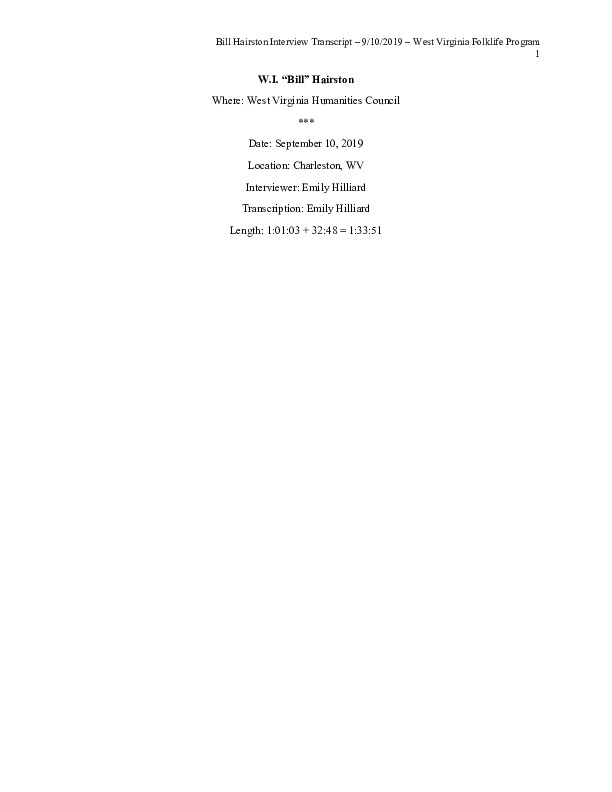 ["W.I. Bill Hairston, 71, is a storyteller, old-time musician, and pastor (Westminster Presbyterian Church) living in Charleston, West Virginia. He was born in Phenix City, Alabama, and his family moved to Saint Albans, West Virginia in 1960 when he was 11. Through his storytelling, Hairston, as he says in the interview, combines the Appalachian culture that he was exposed to on the Coal River, to the African-American culture that he is a part of. For 35 years, he served as music coordinator at the Stonewall Jackson Jubilee, and is currently the coordinator of the Vandalia Gatherings West Virginia Liars Contest. Hairston is an active member of the West Virginia Storytelling Guild, the Kentucky Storytelling Association, and the Ohio Storytelling Network, the National Association of Black Storytellers, and serves as the West Virginia liaison to the National Storytelling Network. He has performed in concerts, festivals, libraries, corporate meetings, conventions and schools throughout the region and the country.  In this interview, Hairston speaks about growing up in one of three Black families in the Lick Skillet area of Saint Albans along the Coal River, his interest in and work with rural West Virginia old-time musicians and 4-H camps, his friendship with Frank and Jane George, experiences with racism in West Virginia, and his work and mission as an Appalachian storyteller."]%