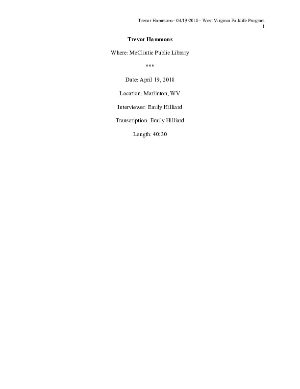 ["Trevor Hammons is a 17-year old banjo player and fiddler from Pocahontas County, and a member of the legendary musical Hammons Family. He is the only member of the Hammons Family who still actively plays music in the familys old-time tradition."]%