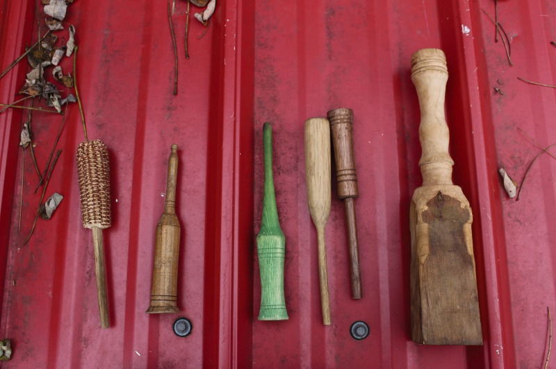 ["Aaron Parsons, 20 years old at the time of this photo, is a native of Jackson County, WV. He makes turkey calls with materials (slate, native woods, bone, etc.) found on his familys land in Jackson County. He is also a hunter, trapper, fisher, and hide tanner."]%