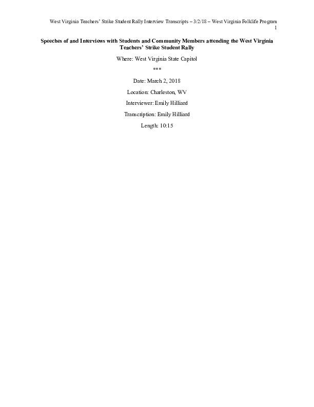On February 22, 2018, thousands of West Virginia public school teachers and school service employees walked out of their classrooms in what would become a nine-day statewide strike. Teachers demands included a 5% raise and affordable healthcare coverage through the West Virginia Public Employees Insurance Agency or PEIA. These interviews are part of a series of photos, videos, and interviews documenting the labor lore and expressive culture of the 2018 and 2019 West Virginia Teachers Strike.For more information on the 2018 and 2019 West Virginia Teachers Strike visit e-WV: https://www.wvencyclopedia.org/articles/2454